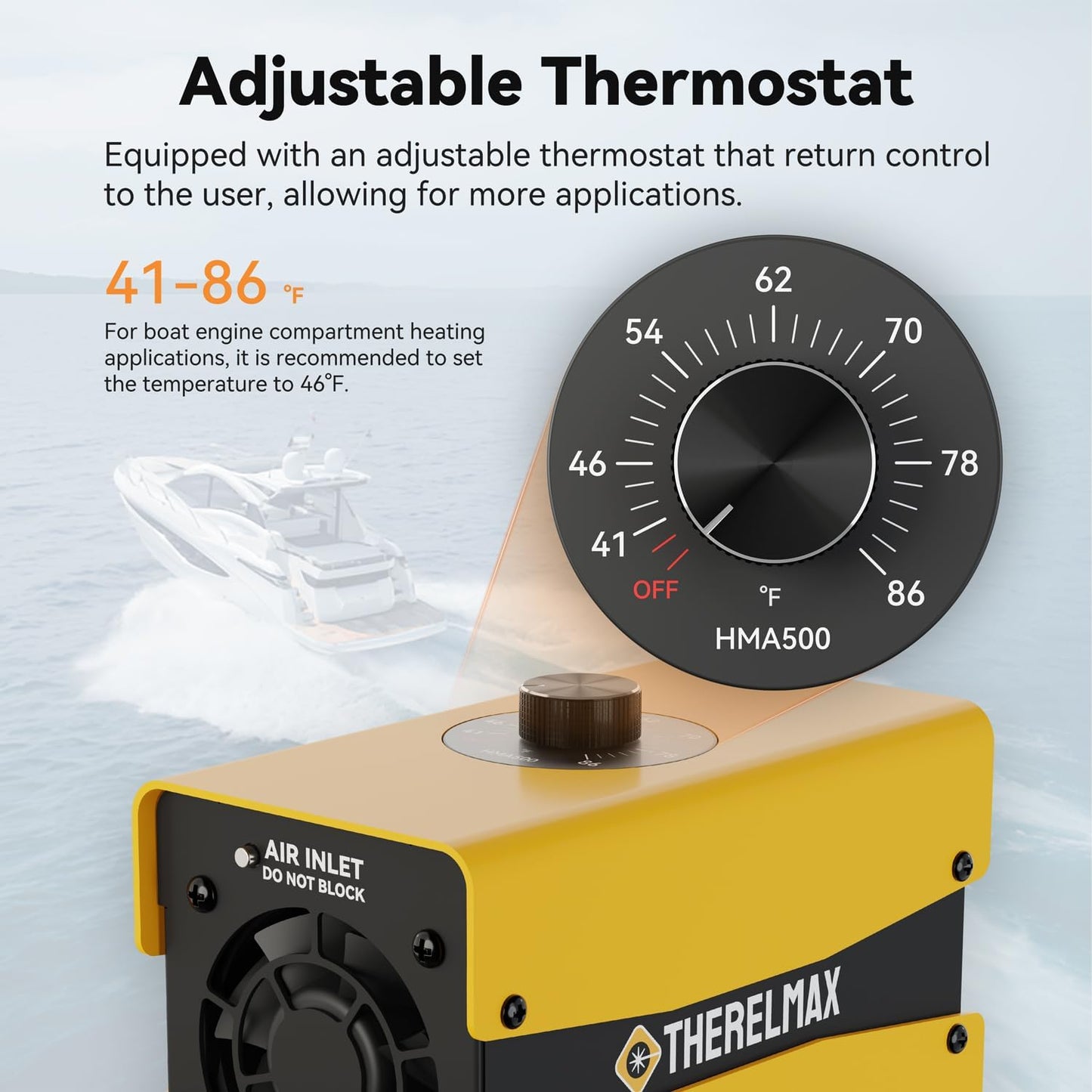 Boat Engine Compartment Heater with Thermostat, 500W Boat Cabin Heater with Safe PTC Element and Waterproof Fan HMA500-Y-S1 Multi-Use Boat Bilge