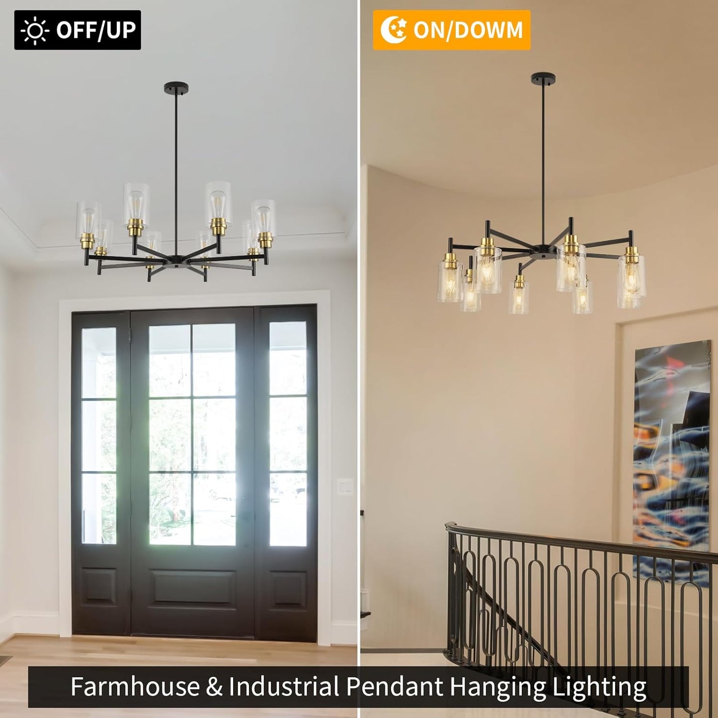 Black Chandelier for Dining Room, Farmhouse Chandelier Light Fixture with Clear Glass Shade 8 Light Industrial Pendant Lights