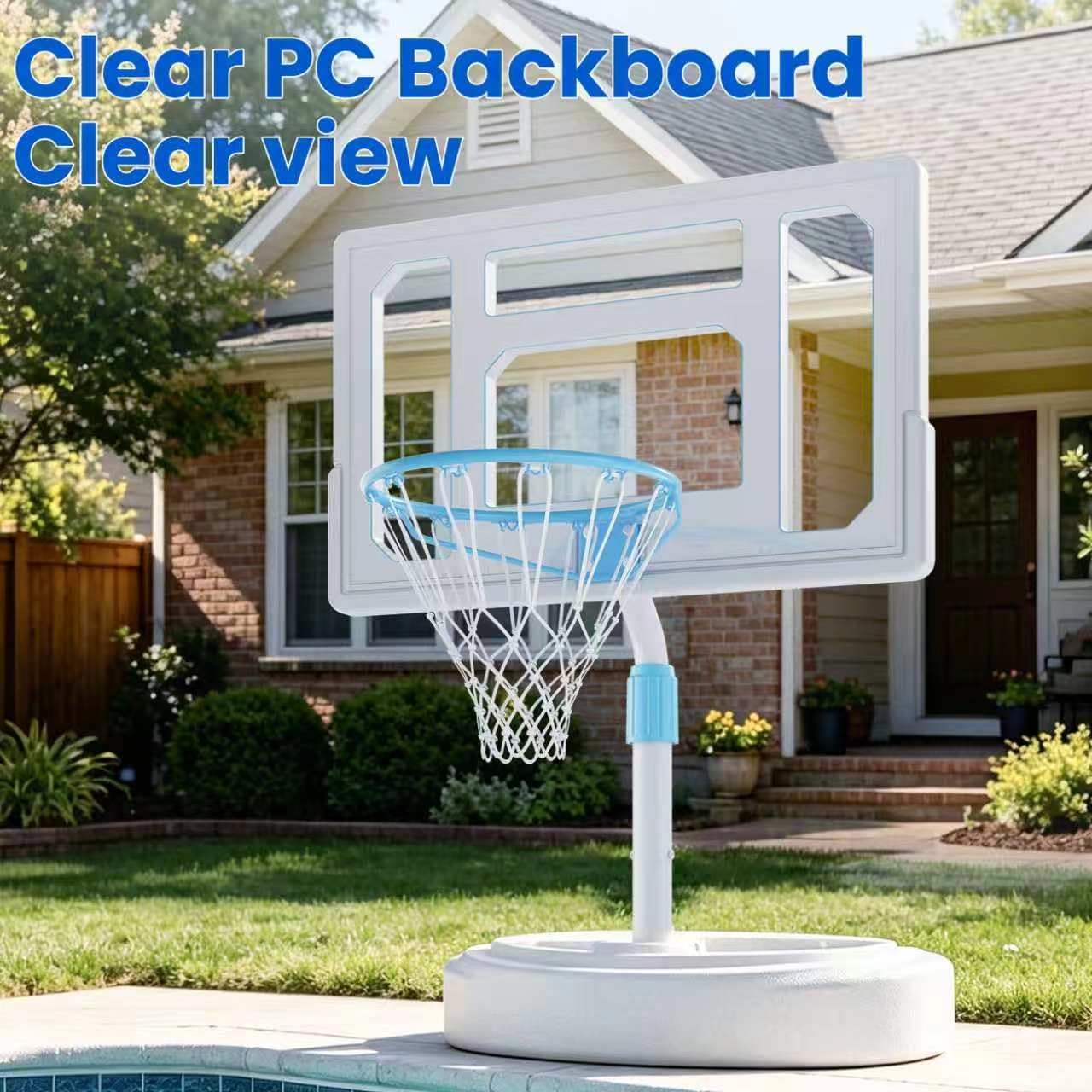 Pool Basketball Hoop (Includes 2 Balls and Pump), Stainless Steel Outdoor Pool Basketball Goal with Clear Backboard, Adjustable Height, Portable for Backyard, Family & Poolside Games