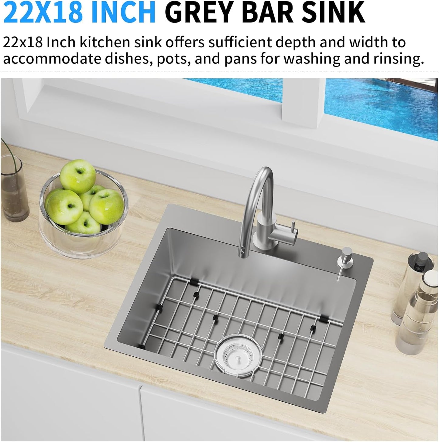 Grey Kitchen Sink, 22'x18' Bar Sink Stainless Steel Drop In Small Kitchen Sink Ideal Choice For Small Spaces Topmount Sink With Bottom Grid,Soap Mat