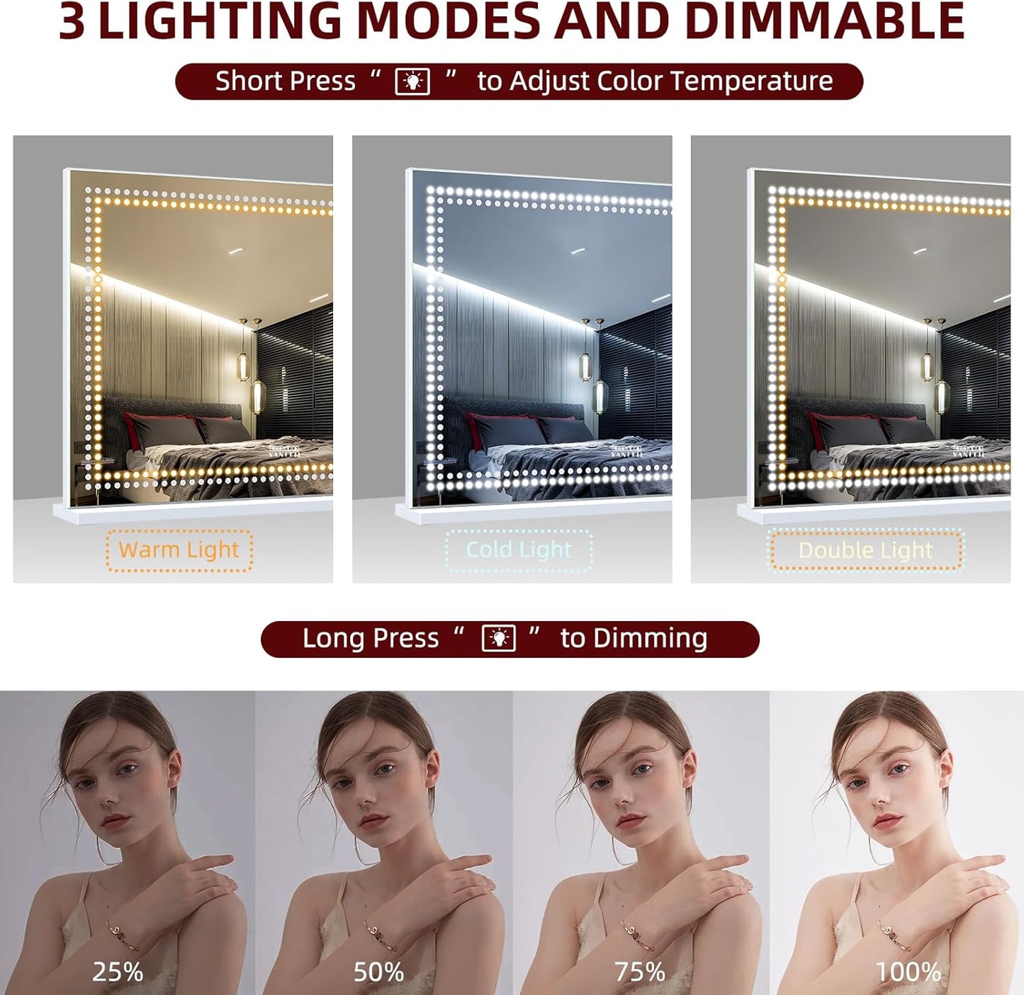 Vanity Mirror with Lights 32'x23' Lighted Makeup Vanity Mirror with Smart Speaker Dimmable 3 Light Modes 10X Magnification Light Up Mirror