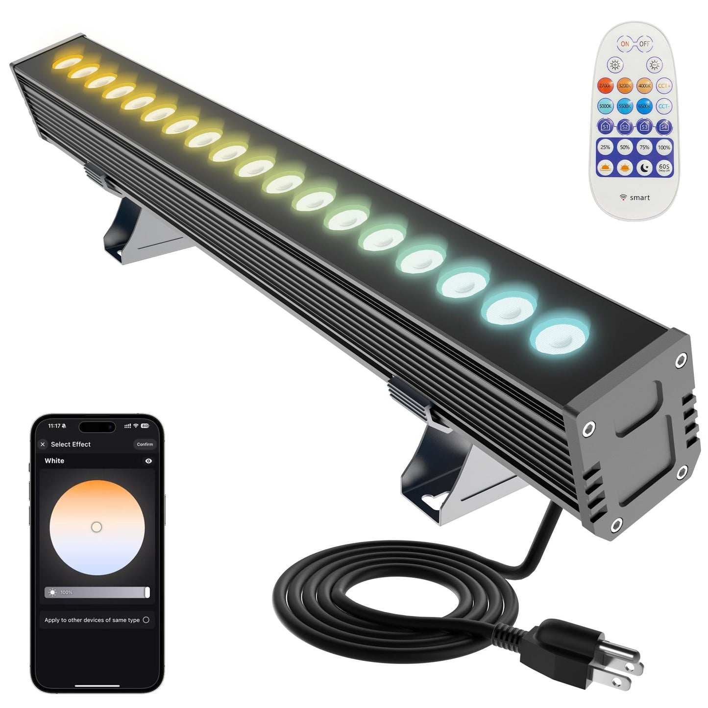 Smart LED Light Bar 20" – WiFi App & Remote Controlled RGB Wall Washer, 2700K-6500K Tunable White, 100% Dimmable IP65 Waterproof Outdoor Light Fixture, Voice Control, for Patio Garden Stage 20" Tunable White(2700-6500K)
