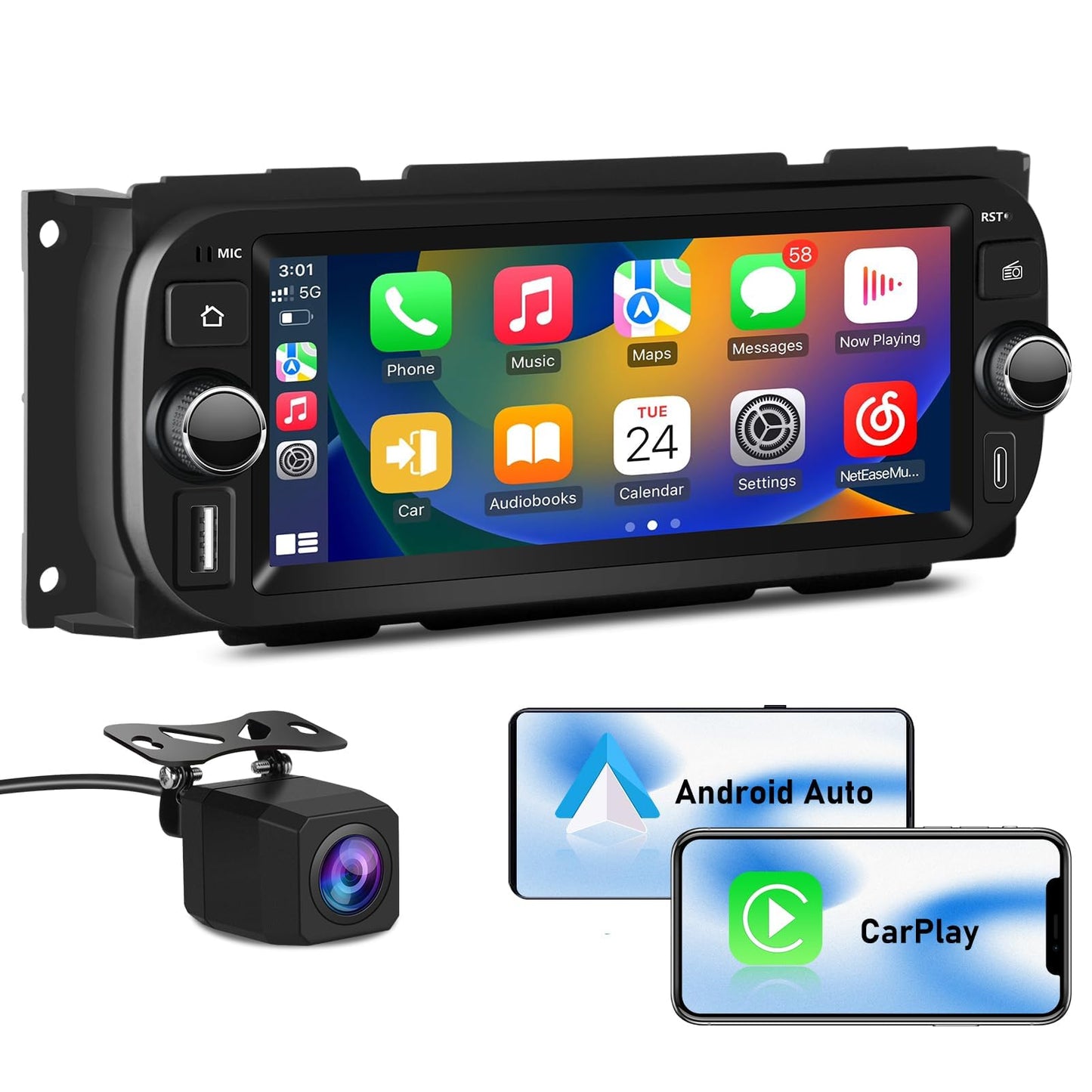 AWESAFE Car Stereo for Jeep Wrangler 2003-2006 Dodge RAM 2002-2005 | Touch Screen RAM 1500 Radio, CarPlay Android Auto, WiFi GPS AM FM, SWC, Camera, 2GB+64GB