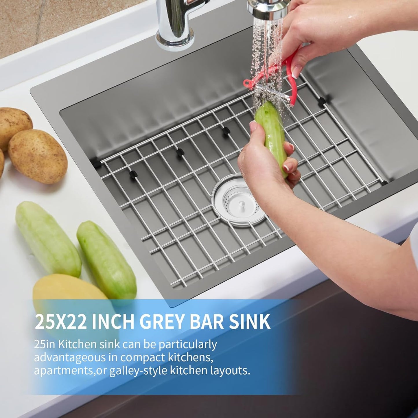 Grey Kitchen Sink,25x22 Inch Kitchen Sink Stainless Steel Drop In Kitchen Sink Topmount Stylish and Modern Look Sink With Bottom Grid,Silicon Mat And