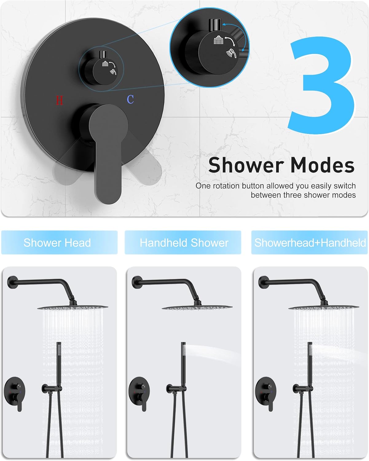 EMBATHER Black Shower Faucets Sets - Overhead Metal Rain Head Shower System with High Pressure Handheld Complete Combo and Mixer Valve Trim Kit -