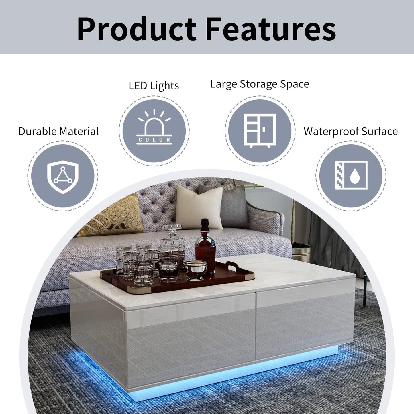 DMAITH LED Coffee Table, White Modern High Gloss Coffee Table, Large Sofa Table with 4 Drawers and 16 Colors LED Lights for Living Room, Home and