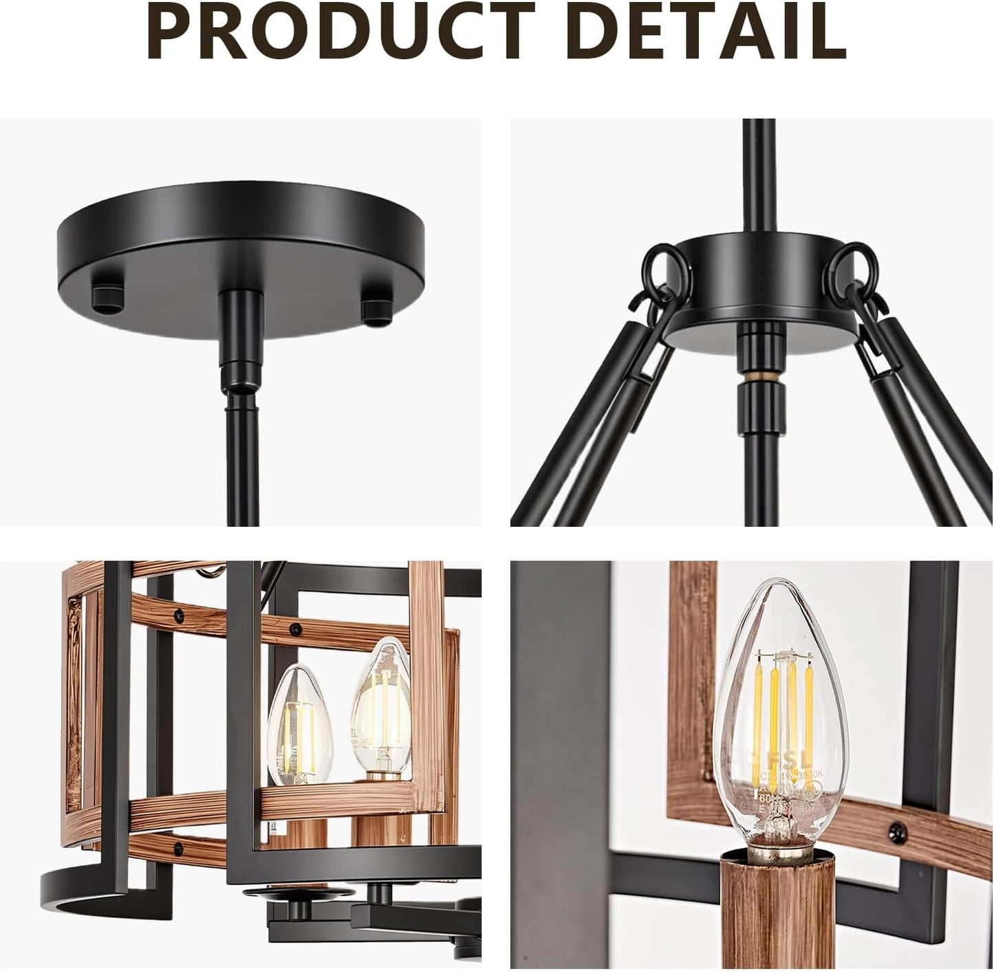 20-inch Chandelier, 5-Light Dining Room Light Fixture Over Table | Matte Black Metal with Woodgrain Frame, Farmhouse Rustic Style, Adjustable Height, E12 Socket, Ceiling Mount, Hardwired, 120V