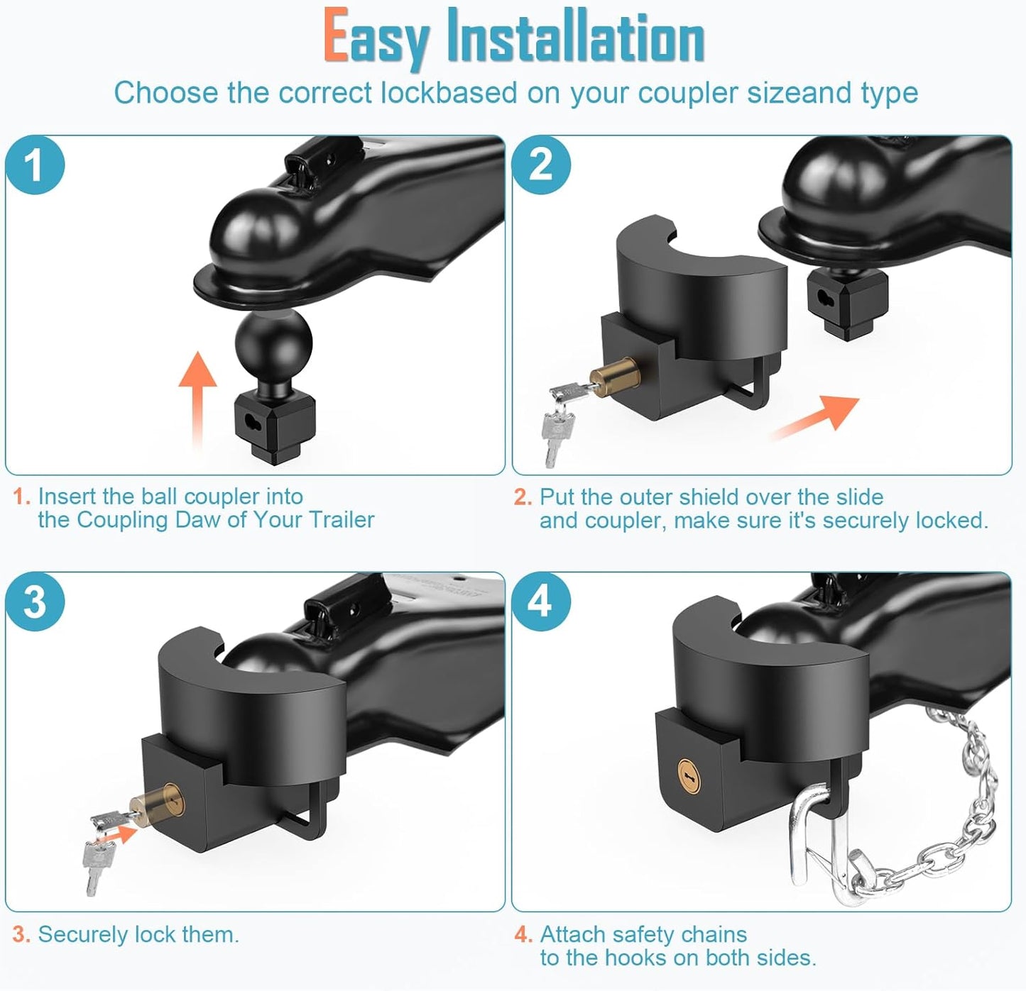 Trailer Hitch Lock Fits 2 Inch Couplers, NenNicht Heavy Duty Trailer Lock, 2024 Upgrade Anti Theft Trailer Lock with Secures Safety Chains, Trailer