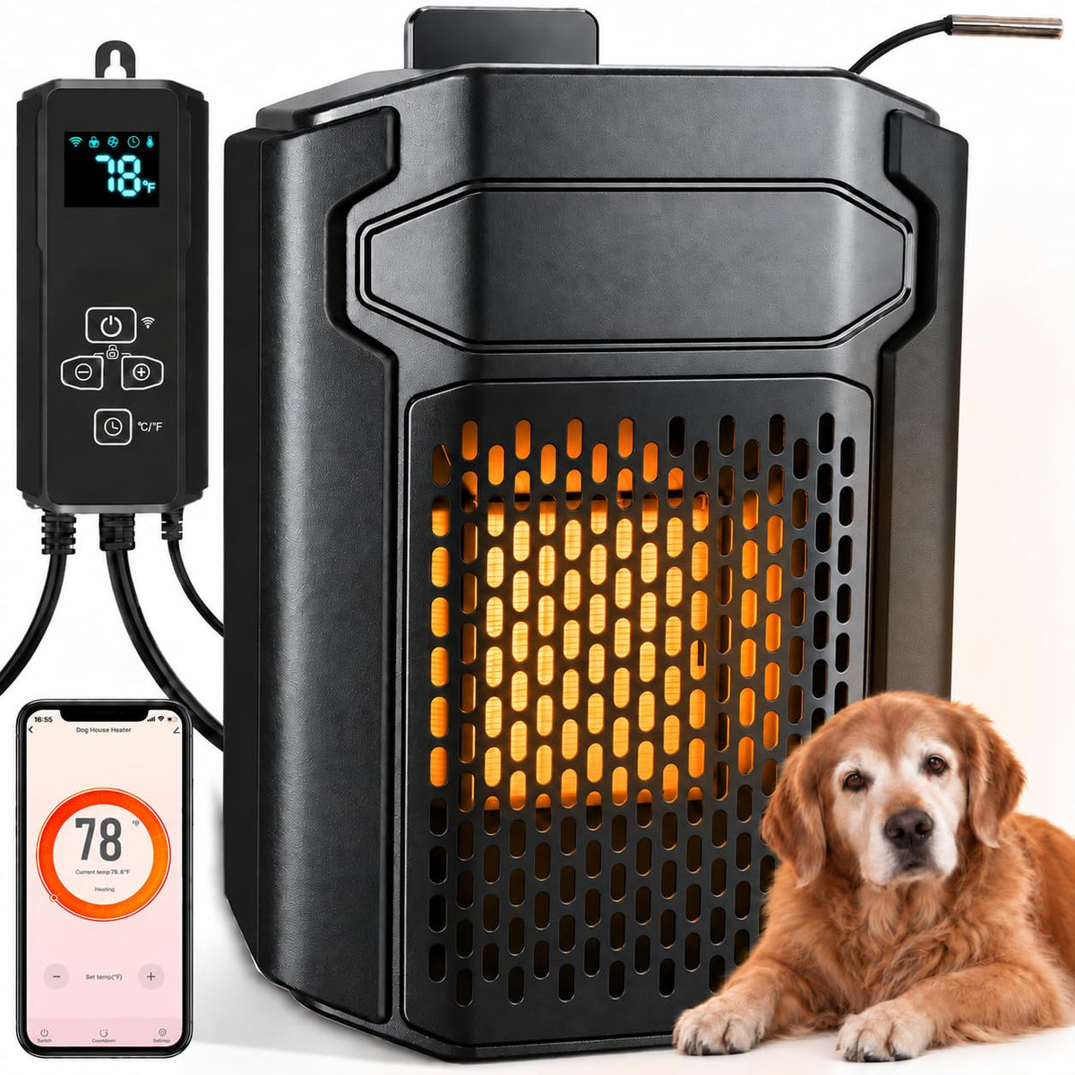 Outdoor Pet House Heater 500W - Kiroto WiFi APP Controlled Dog House Heater with Thermostat & Timer,Suitable for Winter Outdoor Heating of Outside Doghouses, Cat Beds and Chicken Coops