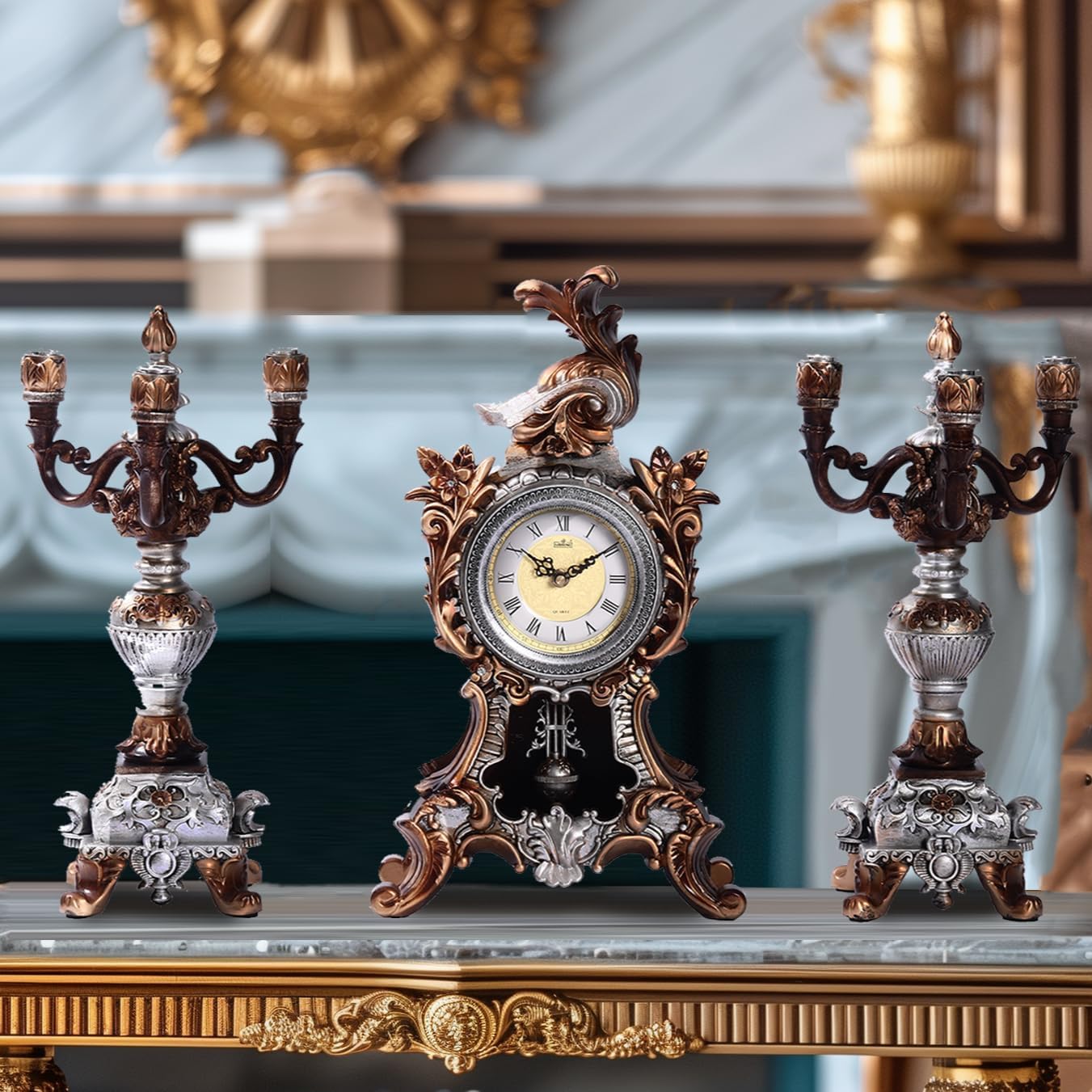 18.5H Rococo Style Pendulum Clock Mantel Clock with 2 Candelabra Candle Holders Baroque Resin Desk Clock Anniversay Clock for Living Room Bedroom