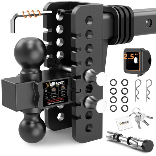 Adjustable Trailer Hitch, Drop Hitch for 2.5 Inch Receiver, Tow Hitch with 6 Inch Drop/Rise, 2" & 2-5/16" Ball Hitches for Trucks, 22,000 LBS GTW, Trailer Hitches with Anti-Theft Pin 2.5-6