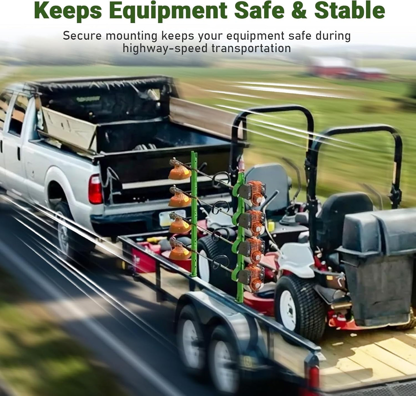 4-Position Weed Eater Racks for Trailer Green Commercial Trimmer Rack with Independent Locks for Open Trailer Work Weedeater Organization Storage Rack Holder