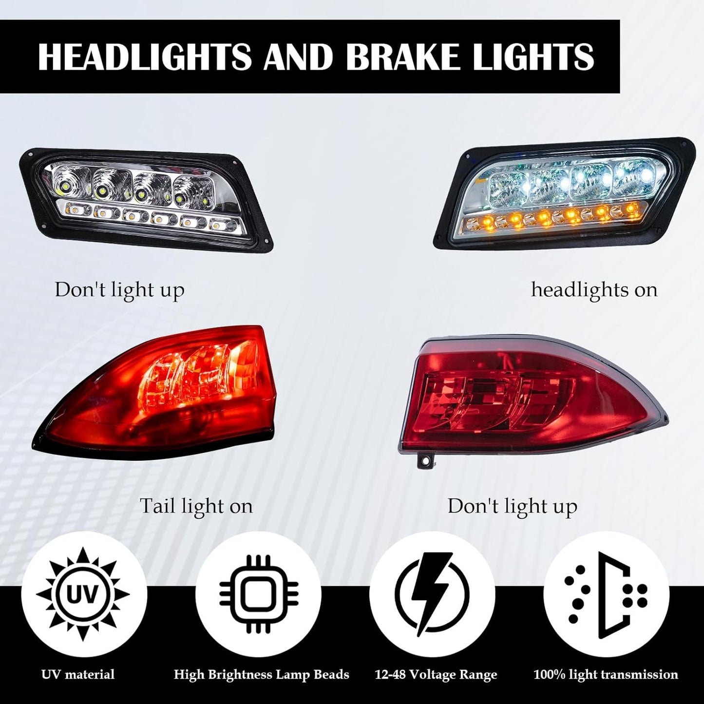 Club Car Tempo LED Street Legal Light Kit 48V, LED High Low Beam Headlight (OEM Style), taillight, Upgraded Wiring Harness, Deluxe Turn Signal Switch, Steering Wheel Cover, Brake pad Switch