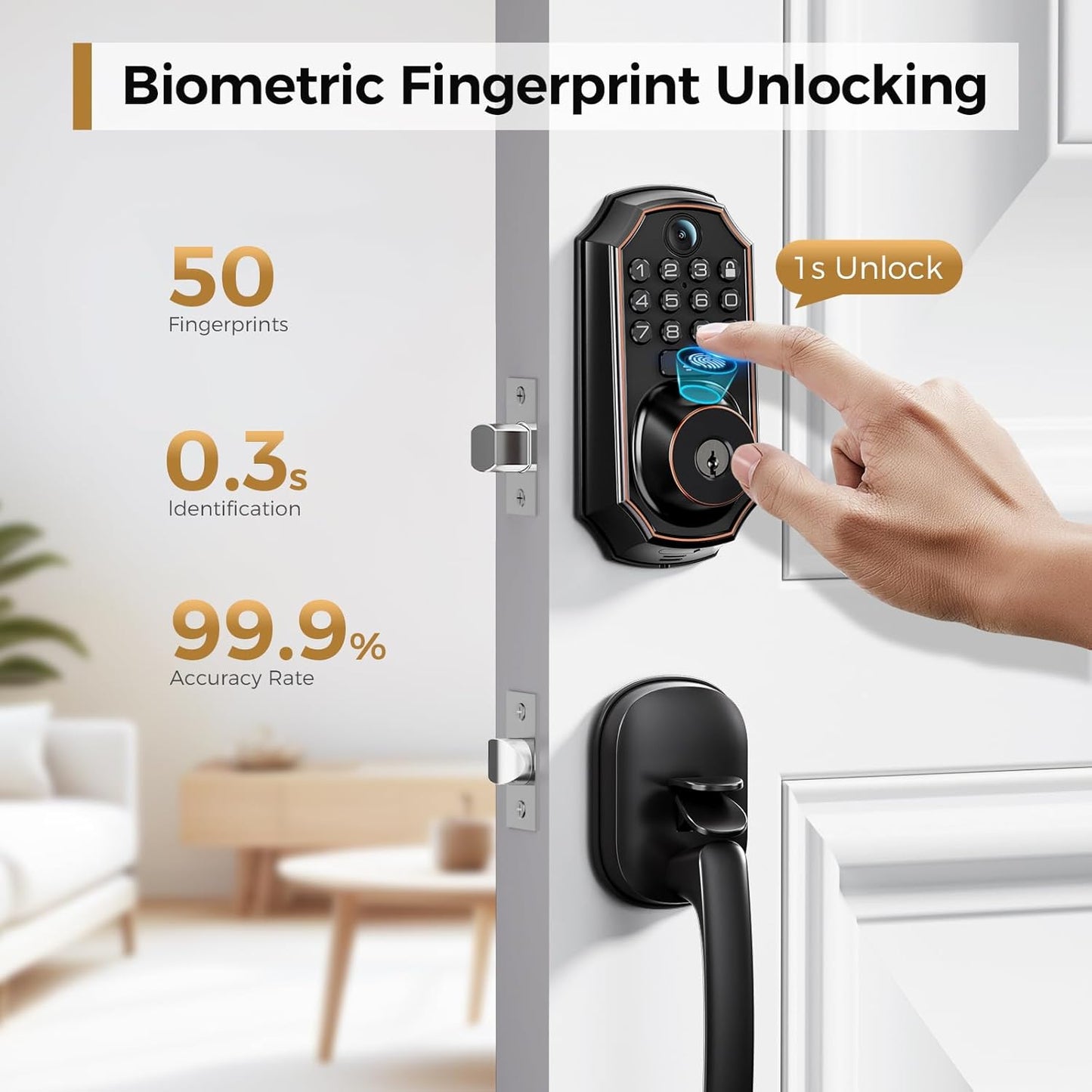 Keyless Entry Door Lock Deadbolt with Handle Set - WiFi Door Lock with Camera - 5 in 1 Camera+Doorbell+Fingerprint Keyless