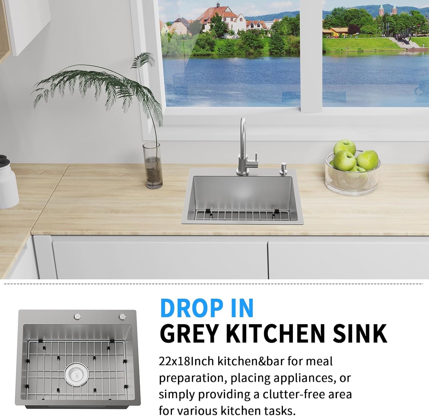 Grey Kitchen Sink, 22'x18' Bar Sink Stainless Steel Drop In Small Kitchen Sink Ideal Choice For Small Spaces Topmount Sink With Bottom Grid,Soap Mat