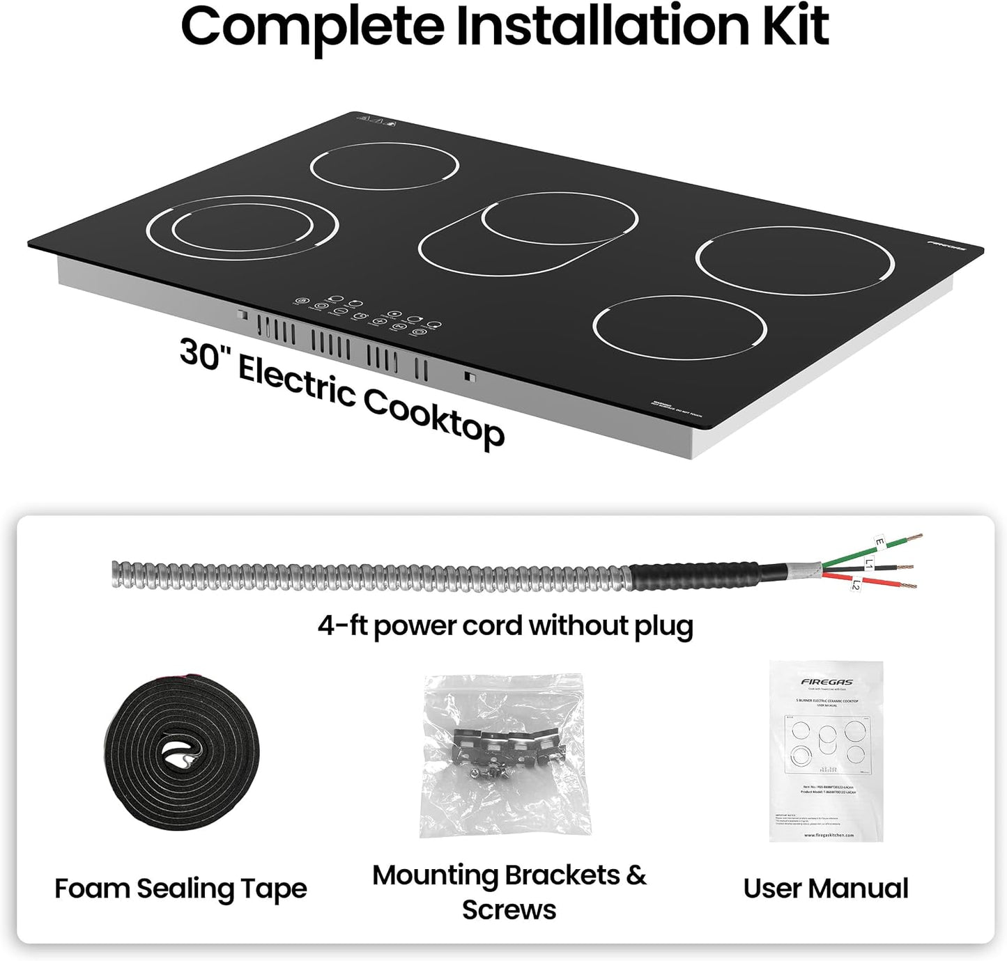 FIREGAS 30 Inch Electric Cooktop 5 Burners, Built-in Ceramic Stove Top with Matte Glass & Touch Control, 30" Radiant Electric Cooktop with Dual Ring & Oval Zone, Timer, Child Lock, 220-240V Hardwired