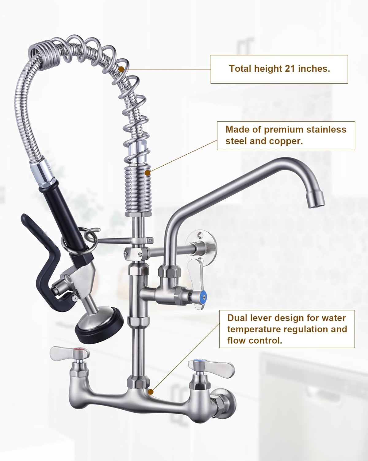 Commercial Kitchen Sink Faucet 21in, Wall Mount Kitchen Faucet with Sprayer, 3 Compartment Sink Faucet for Commercial Restaurant Kitchen