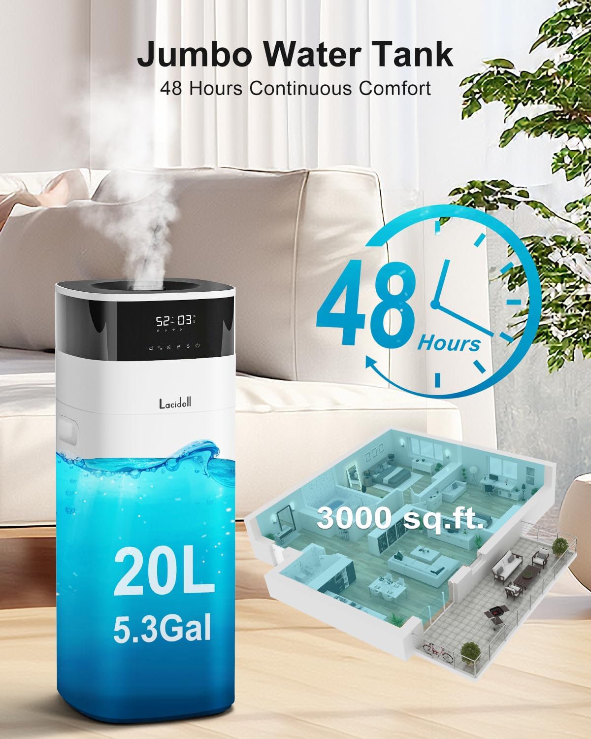 LACIDOLL Humidifier Large Room, 5.3Gal/20L Cool and Warm Mist Humidifiers for Home 3000 sq ft, Whole House Humidifiers with