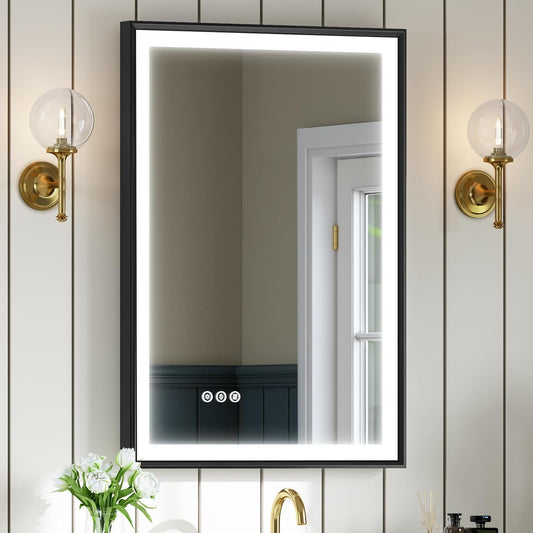 Black Framed Bathroom Mirror with Light, Aluminum, Beveled Vanity Mirror, Front Light, 3 Colors, Dimmable, Anti-Fog, Shatter-Proof Tempered Glass, E