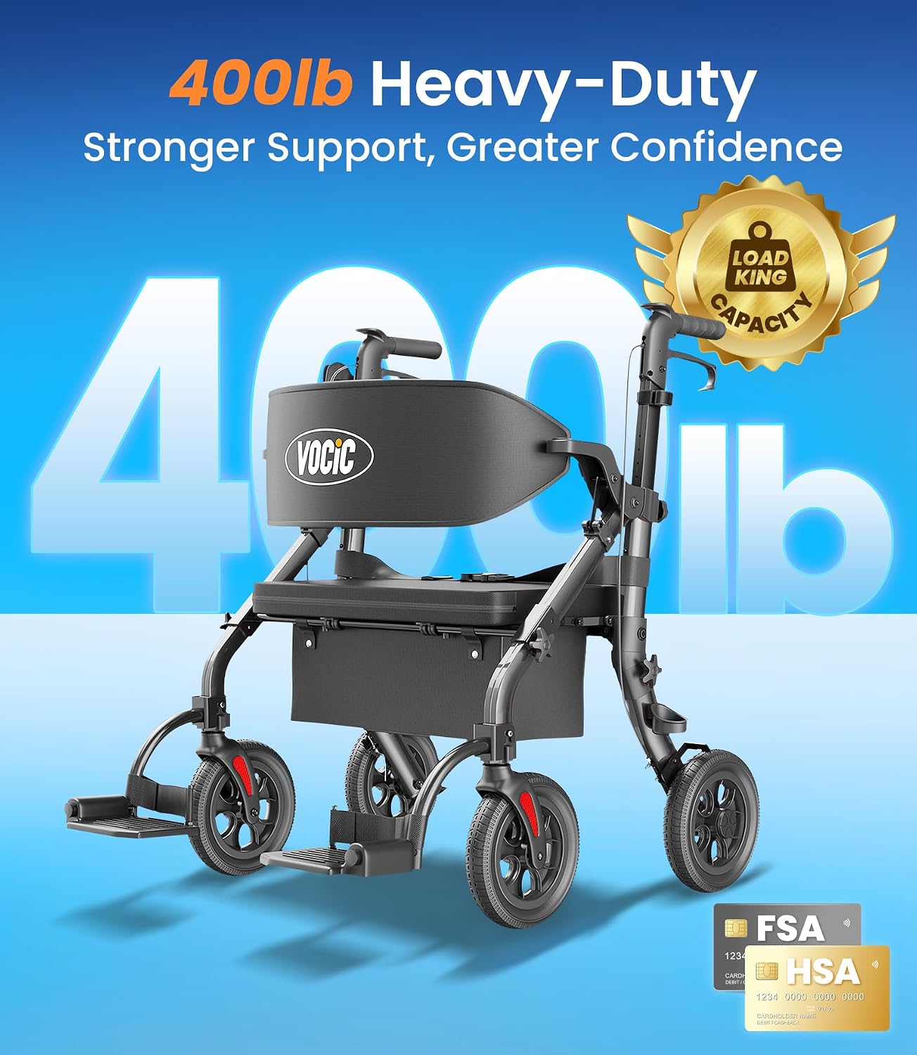 Walkers for Seniors Z59, 2 in 1 Walker Wheelchair Combo, 400 LBS Weight Capacity, 10" All Terrain Rollator with Cup Holder