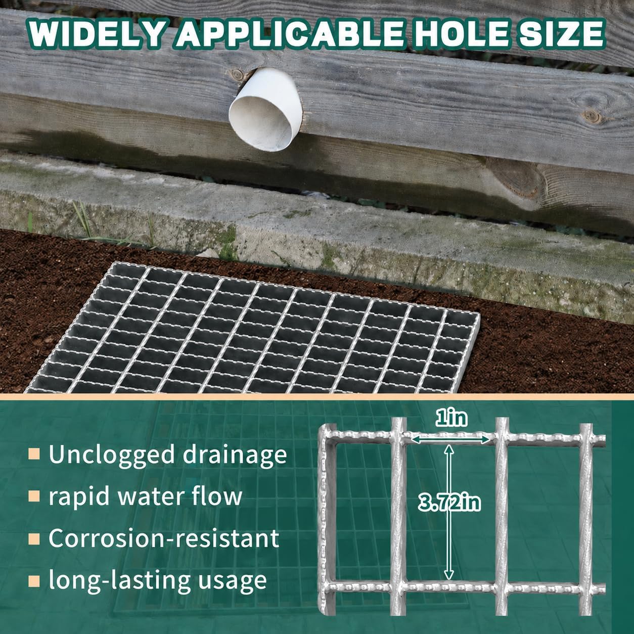 Galvanized Steel Drain Grate 18 in, Serrated Steel Bar Grating with B125 Load Capacity, Anti-Slip Metal Catch Basin Grate for Driveway, Garage, Patio, Yard, Factory, and Outdoor Drainage 17.7inch