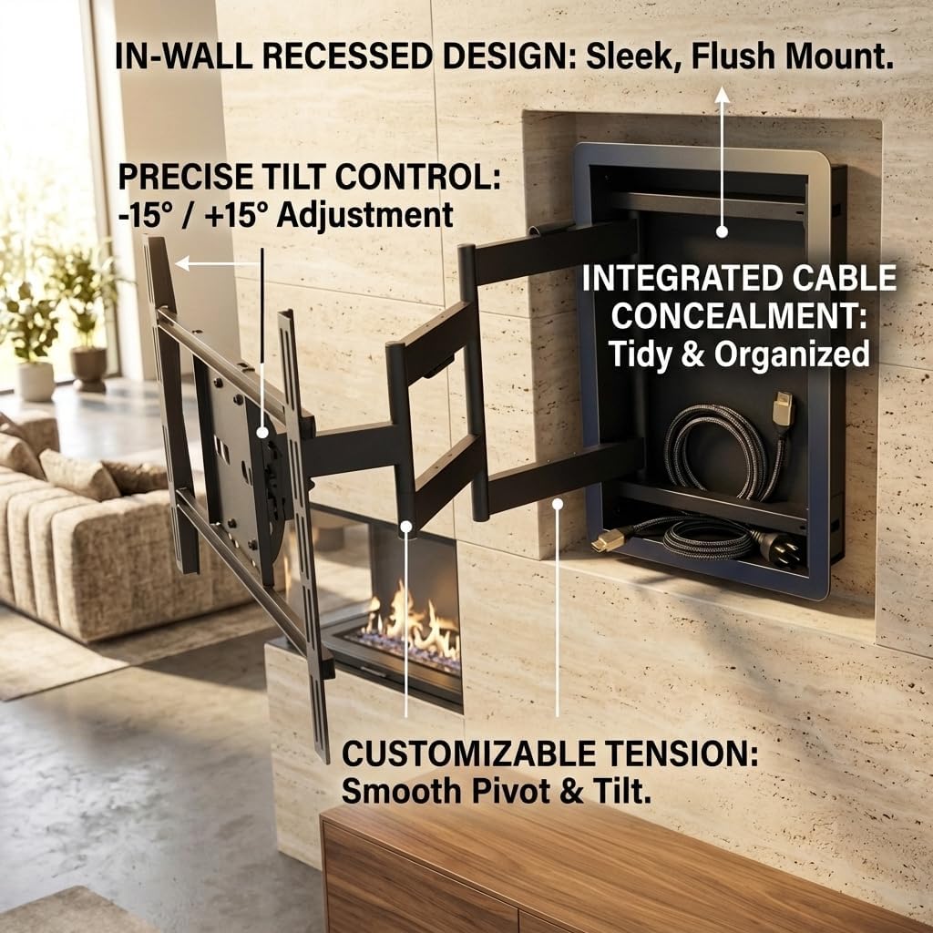 Recessed in Wall TV Mount, 28-Inch Extension and Cable Management