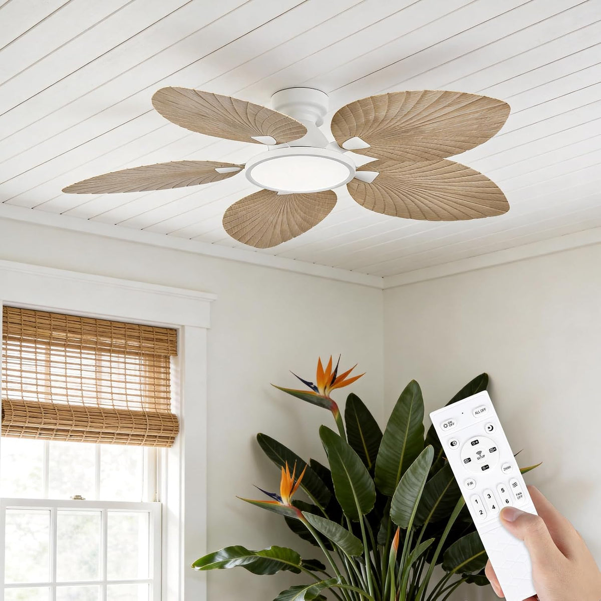 52 Inch Boho Palm Leaf Flush Mount Ceiling Fan with Light and Remote White Motor, Natural Wood Finish Blades, Quiet DC Motor, Dimmable LED, Low Profile Hugger for Bedroom & Patio