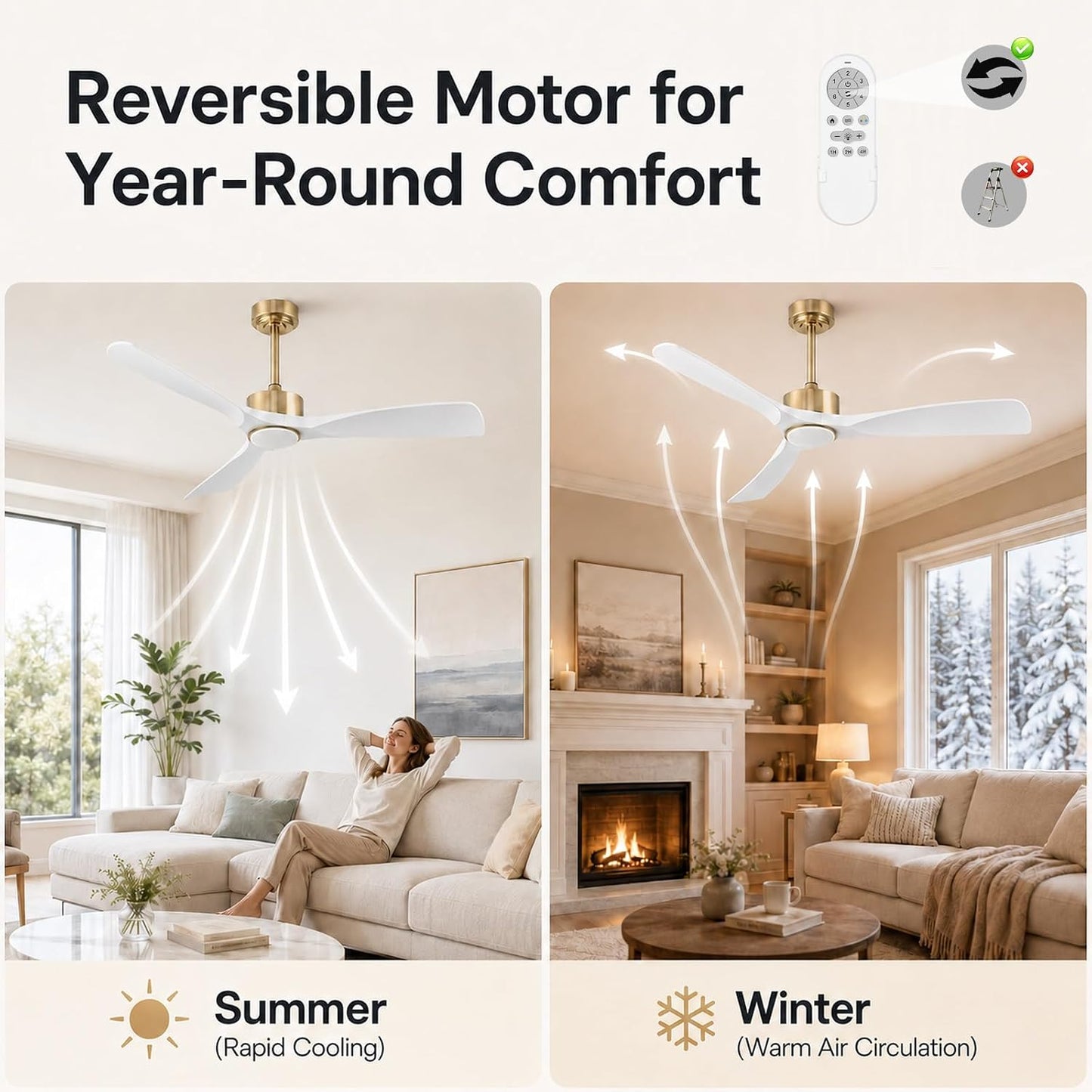 52 Inch Modern White and Gold Ceiling Fans with Lights and Remote | Quiet and Reversible DC Motor, Up to 6567 CFM, Dimmable 3-Color Ceiling Fan Light, Memory Function, for Bedroom Living Room