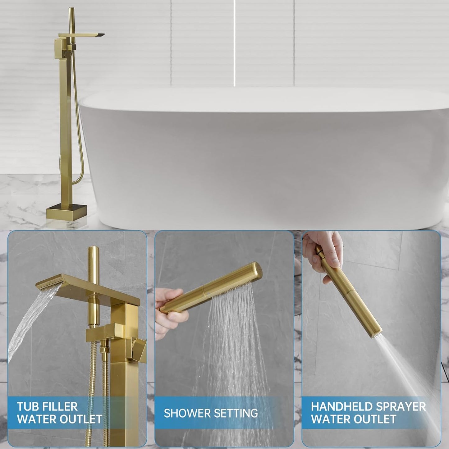 Brushed Gold Bathtub Filler Freestanding Tub Filler Floor Mount Tub Faucet Waterfall Bathtub Faucet with CUPC Certified