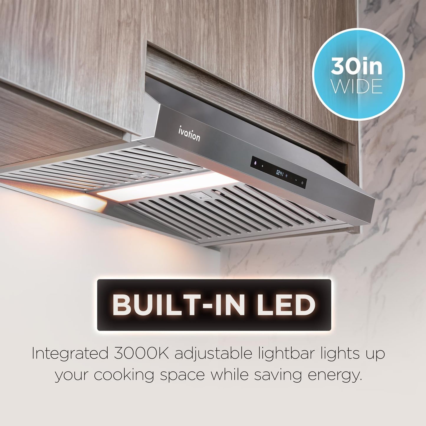 30' Under Cabinet Range Hood - 600 CFM - 3-Way Venting - Built-In LED Light & Clock - Auto-Off Fan Timer - Dishwas