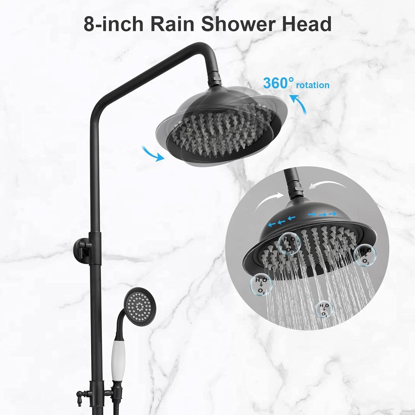 Bathfinesse Outdoor Shower Faucet Set, Exposed Pipe Shower with 3 Function Adjustable Shower Head Hand Spray and Tub Spout, Double Knobs Cross Handle