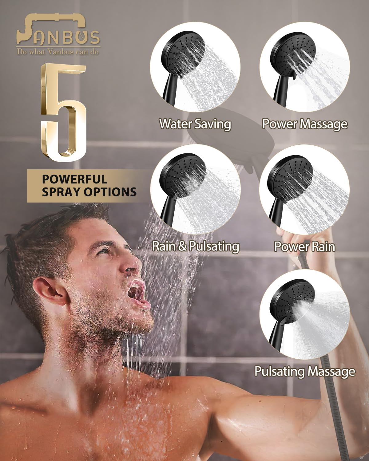 Eco-Performance Matte Black Handheld Shower with Adjustable 32-Inch Slide Bar and 59-Inch Hose, 5-Function Hand