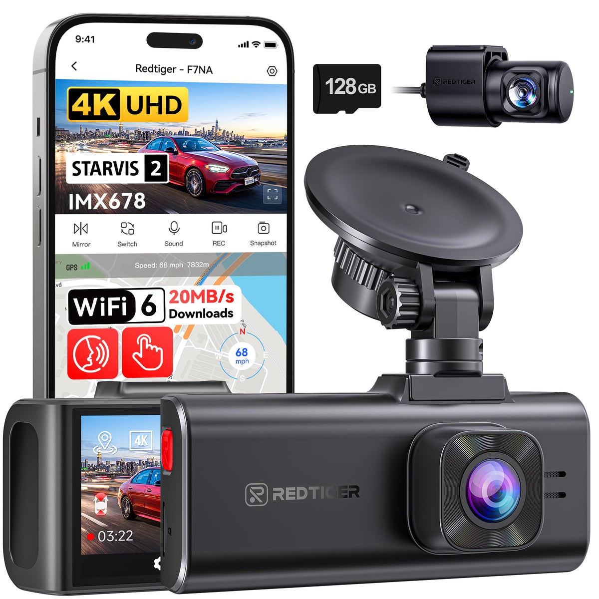 REDTIGER F7NA 4K Dashcam Front and Rear,8MP STARVIS 2 IMX678, 128GB SD Card