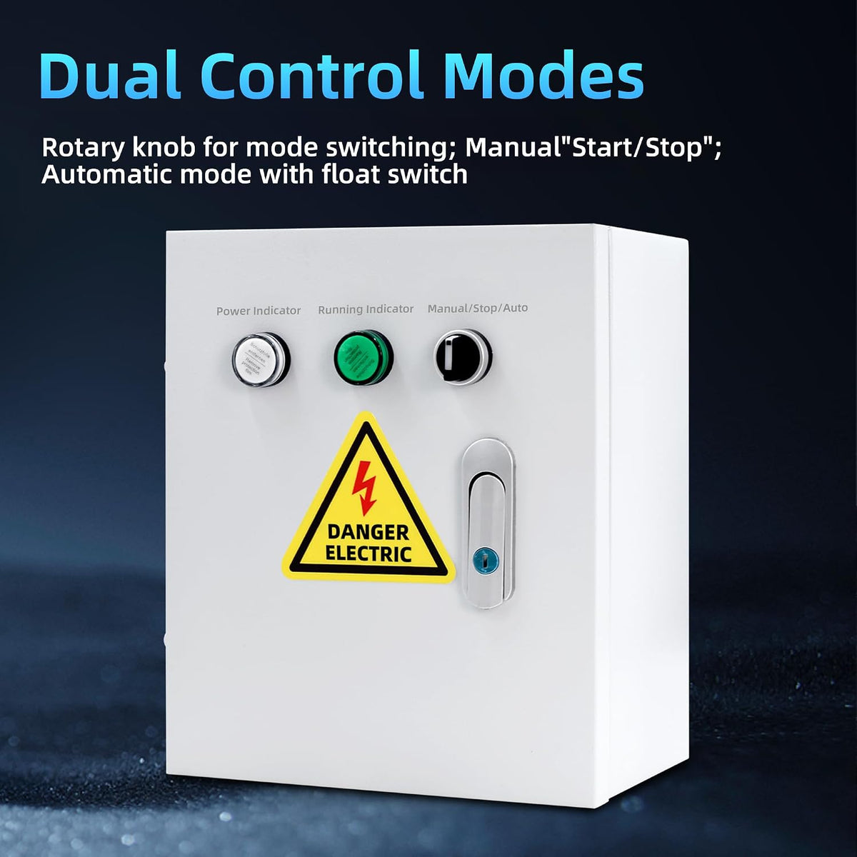 220V Single Phase Pump Control Box with Float Switch, 50/60Hz, Manual/Auto Start Stop Water Level Controller, Metal Enclosure with Key Lock, Power/Run Indicators, Fits 2HP Pumps (3m Float Cable)