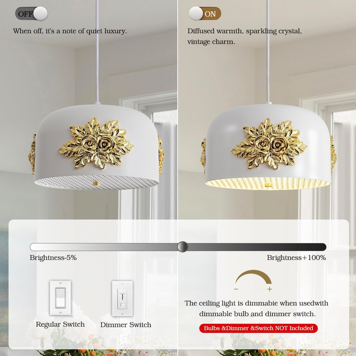 French 3-Light Gold Flower Pendant light, Elegant Floral Kitchen Island Chandelier Small Vintage Fixture 10.2 inch Art Deco Rose White drum-shaped Adjustable Hanging For Dining Room Hallway Entryway.