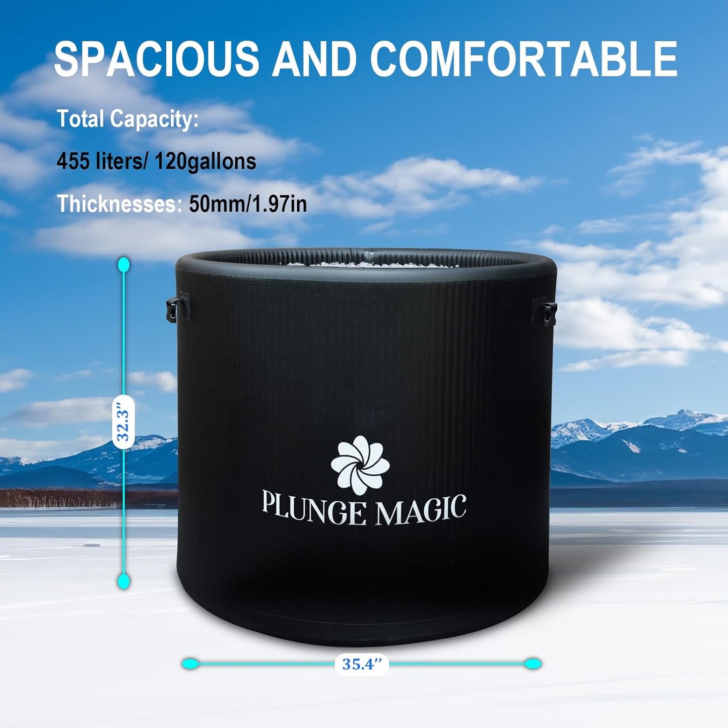 PLUNGE MAGIC Upgrade Durable XL 120 Gal Ice Bath Tub - Spacious Comfort Enhanced Insulatio Cold Plunge Tub for Athletes, Inflatable Portable Recovery