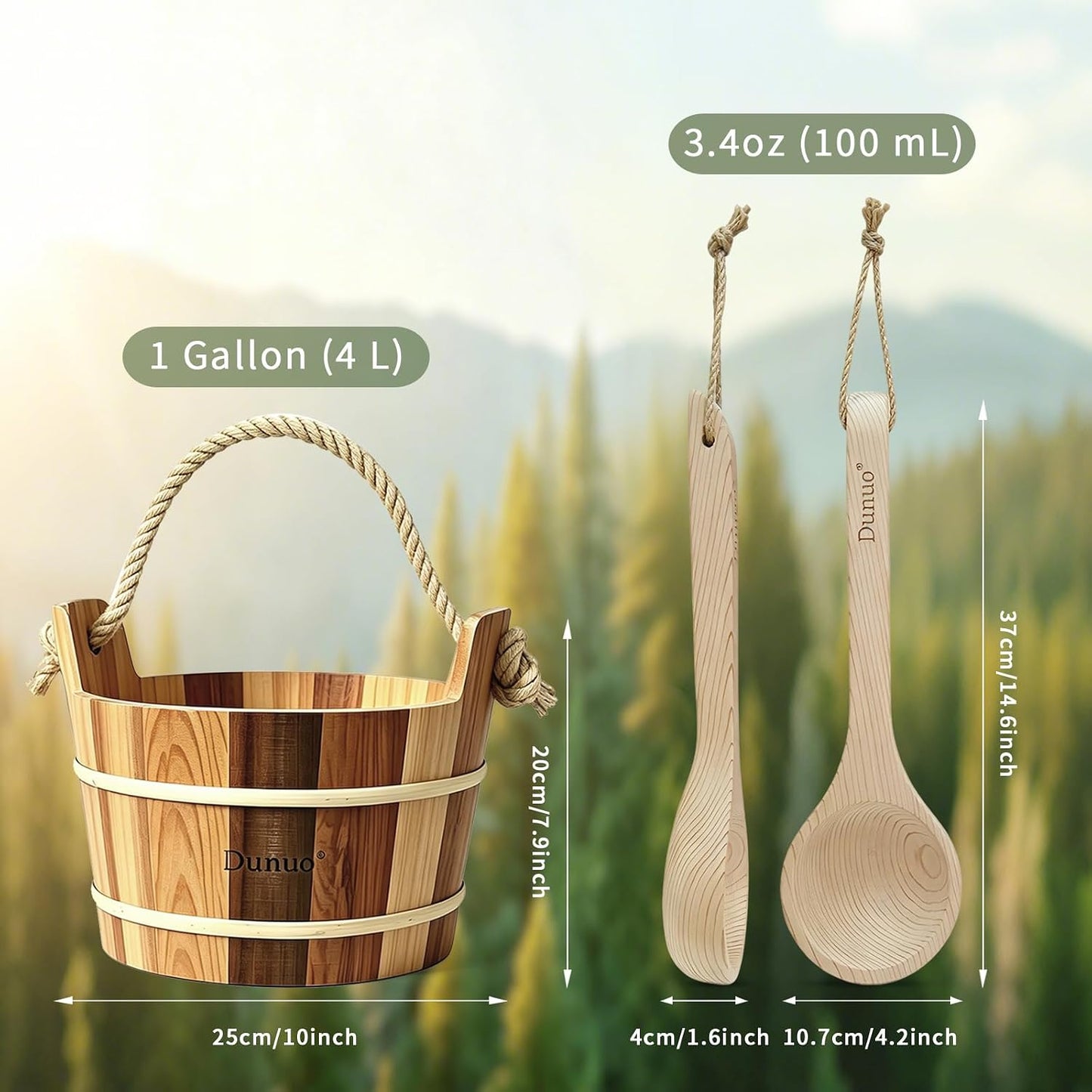 Canadian Red Cedar 3PCS Sauna Accessory Kit, Bucket & Ladle with 2-in-1 Thermometer Hygrometer, 1 Gallon (4L), Dual Scale for Home Sauna