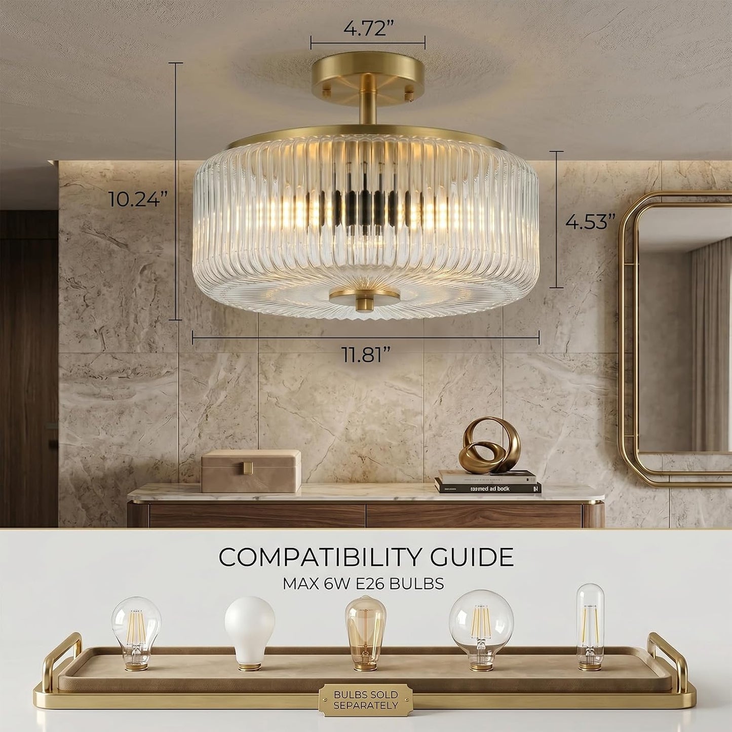 3-Light Semi Flush Mount Ceiling Light, 11.8" Modern Gold Light Fixtures Ceiling Mount with Enclosed Ribbed Clear Glass Shade, Close to Ceiling Lamp for Bedroom, Kitchen, Hallway, Entryway