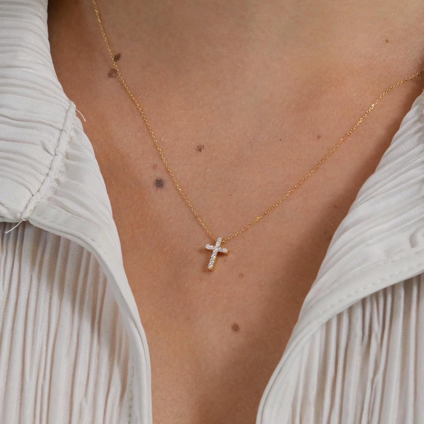 Tiny Diamond Cross Necklace in 14K White Gold 1/2"x1/4" Cross Pendant
