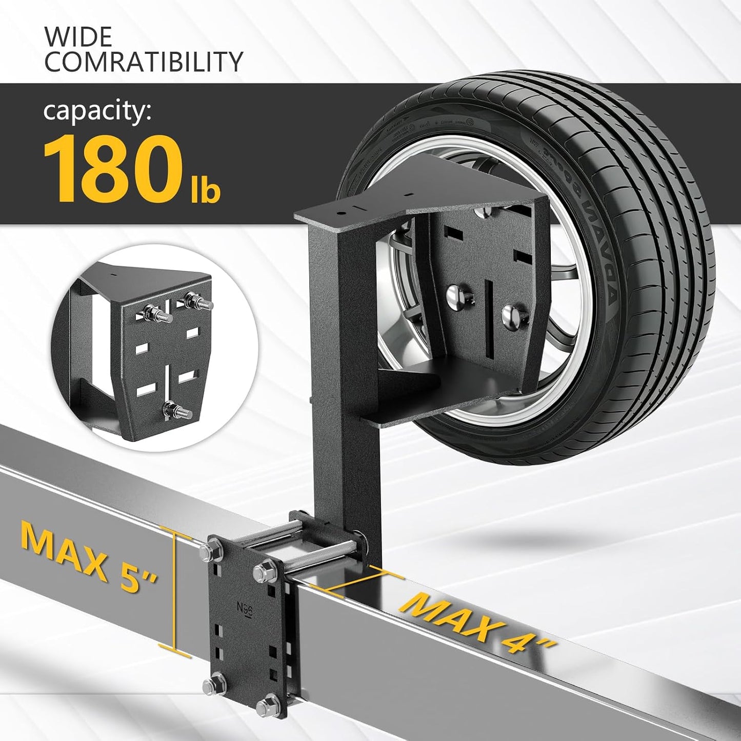 Trailer Spare Tire Mount Carrier – 3-Nut Design, Fits 4/5/6/8 Lug | Spare Tire Carrier, 180 lb capacity, E-coat and powder coat rustproof, no-drill frame mount, for utility/boat/RV trailers