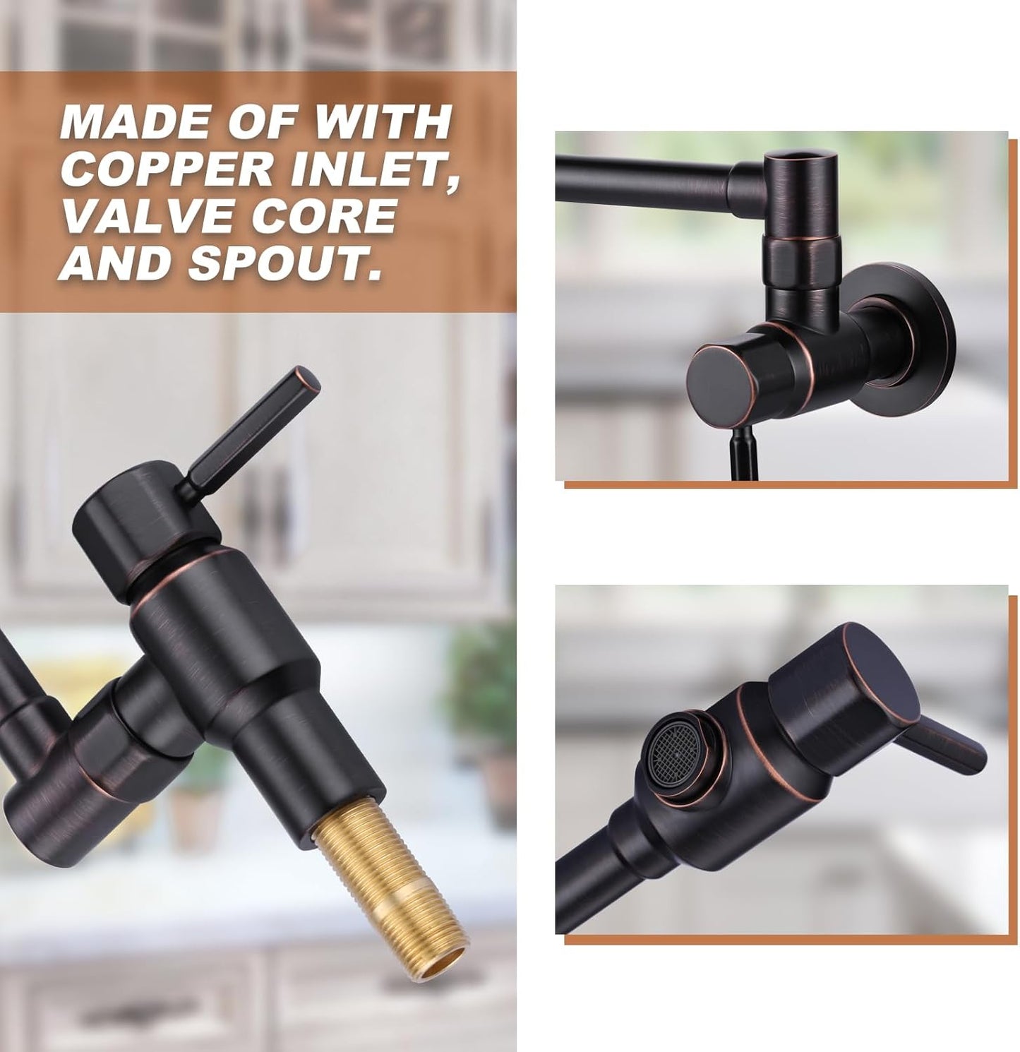 Pot Filler Faucet Oil Rubbed Bronze, ALEASHA Solid Brass Made Heavy Duty Pot Filler, Wall Mount Folding Faucet 2 Handles with Double Joint Swing Arms