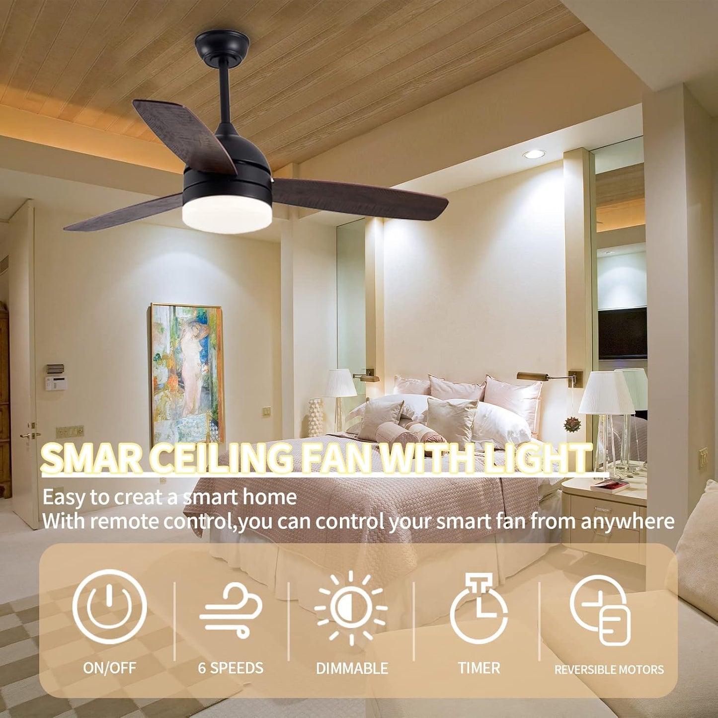 48 Inch Smart Ceiling Fans with Dimmable LED Lights, Black Modern Ceiling Fan with Remote/APP, Outdoor Wood Reversible Blade Ceiling Fans DC Quiet