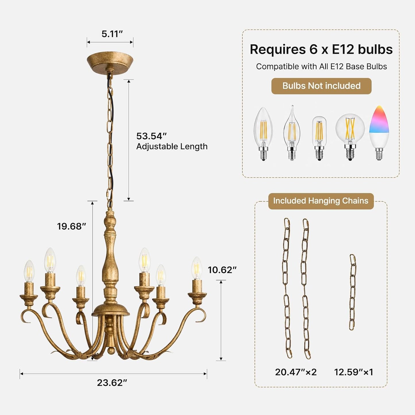 Farmhouse Vintage Antique Brass Chandelier - 6 Light Cottage Rustic Candle Chandeliers - Adjustable Chain Distressed Gold Pendant Lighting Fixture for Dining Room Living Room Kitchen Bedroom Entryway