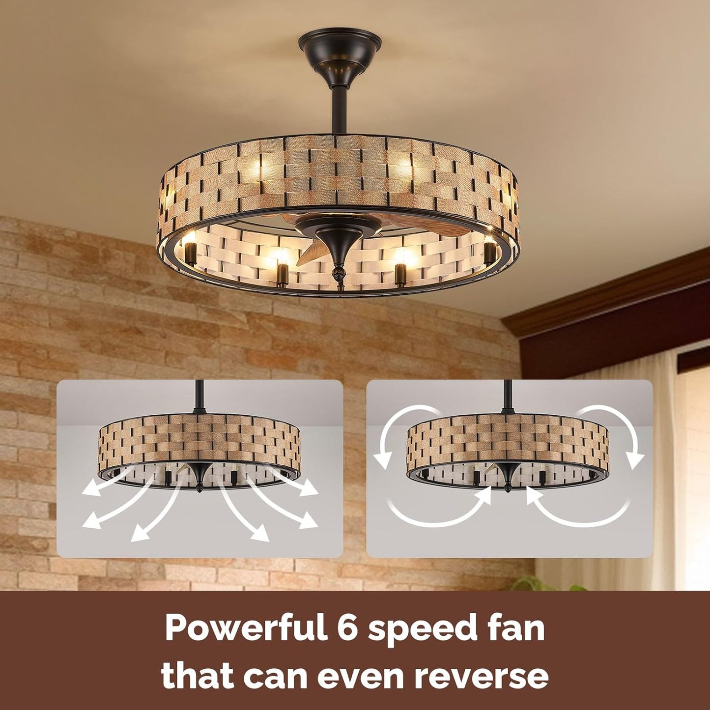 Orison 24' Caged Ceiling Fan with Lights, 2 Ways Control(App&remote control), Light Kit Included(8 bulbs), Modern Farmhouse, F61380