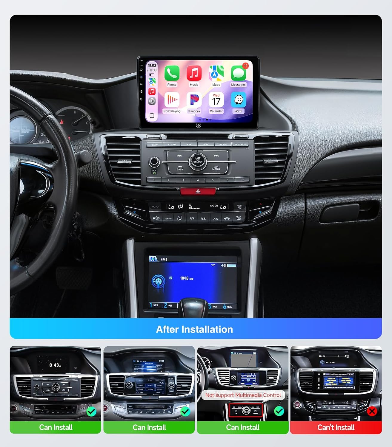 Car Stereo for Honda Accord (2013-2017), 10" Touchscreen Radio Replacement with Wireless CarPlay, Android Auto, GPS Navigation, Bluetooth