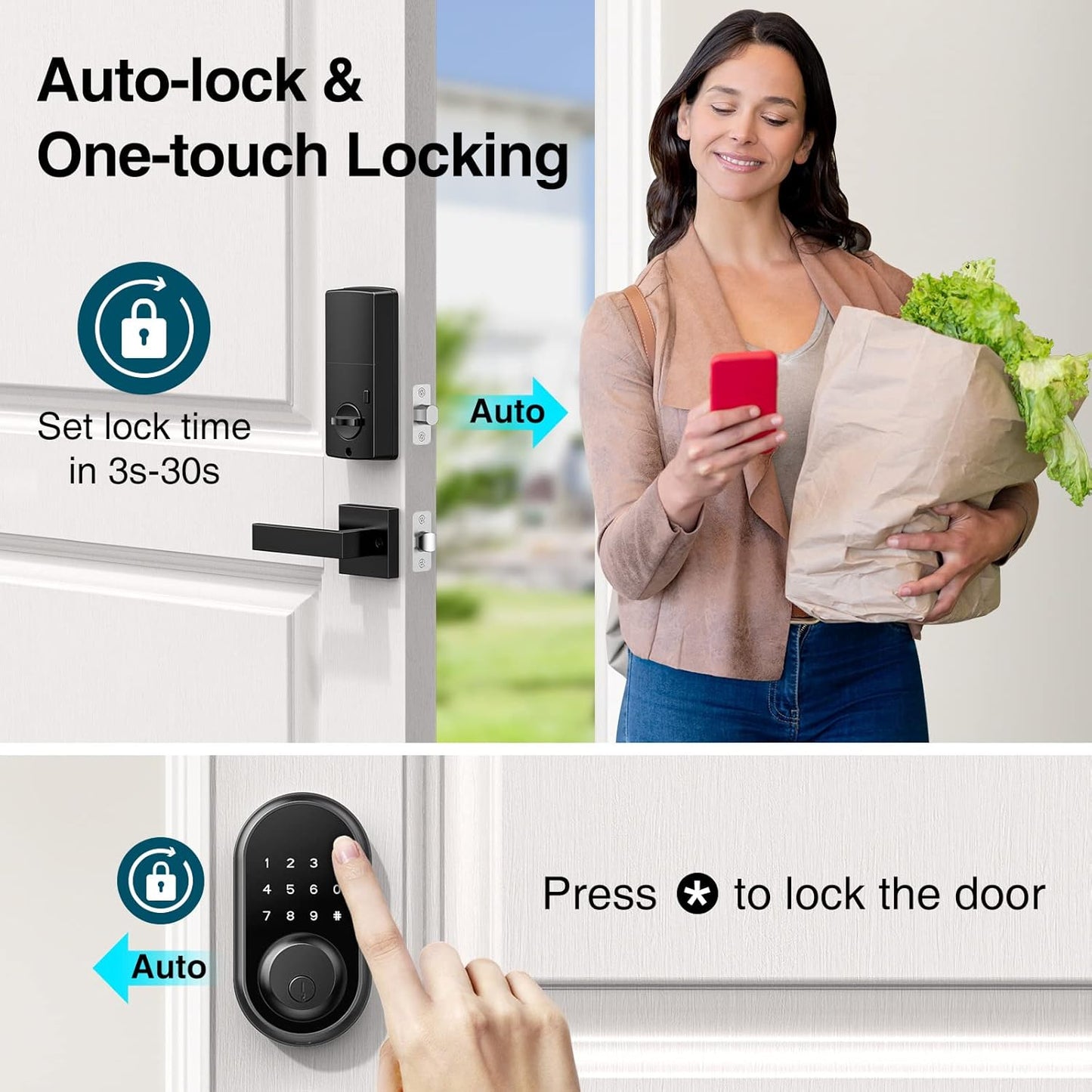 Keyless Entry Door Lock with Handle, Calzibeno Front Door Lock with Keypad, Electronic Touchscreen Keypad Deadbolt Lock, Featuring Auto Lock,