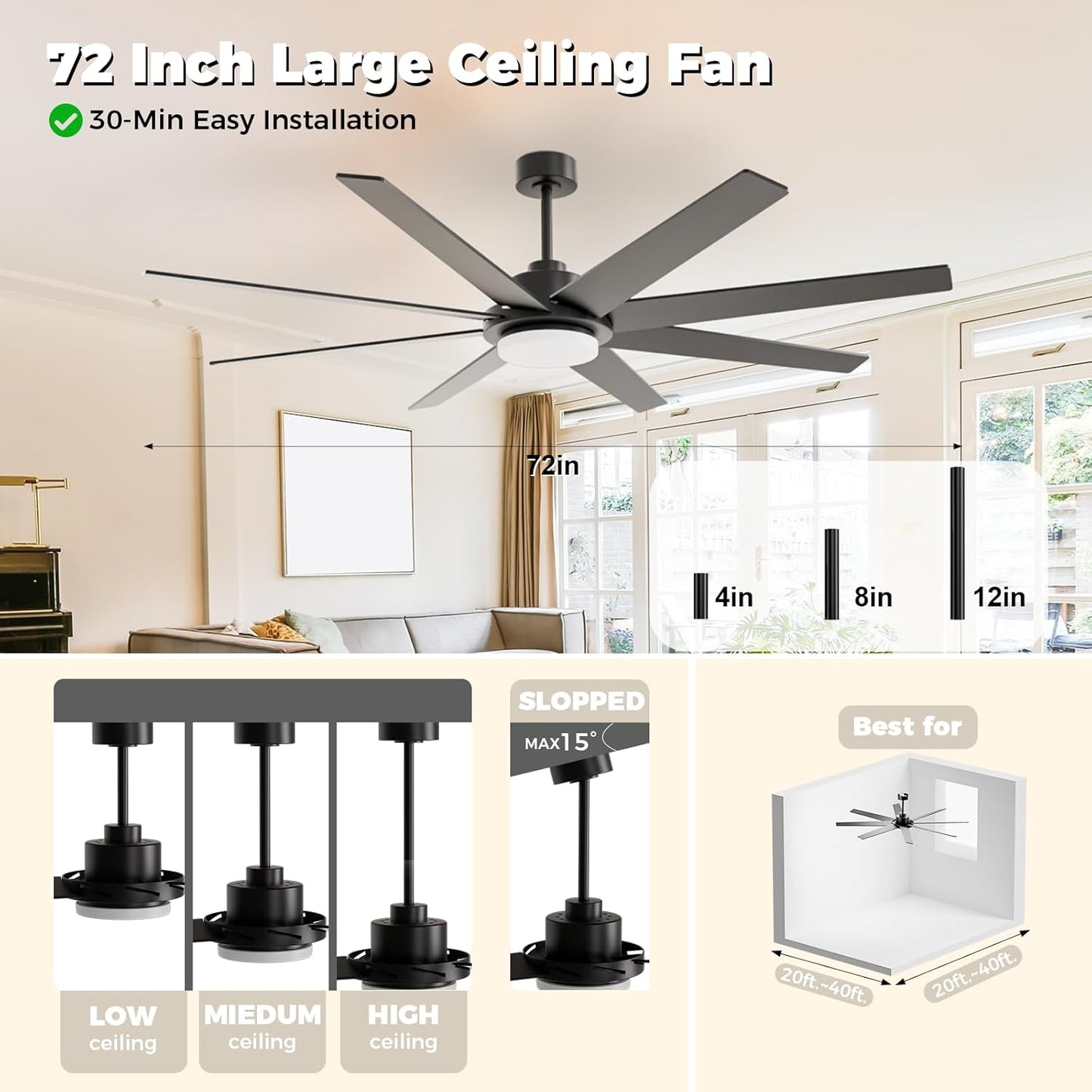 72 inch Large Ceiling Fans with Lights and Remote, Industrial Ceiling Fan Reversible Quiet DC Motor, 6 Speed 3 CCT Dimiable, Modern Ceiling Fan for