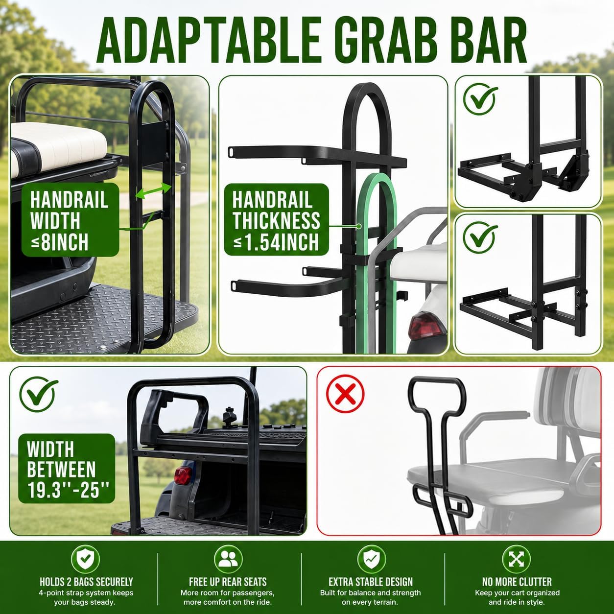 Golf Cart Bag Holder for 4 Seat Golf Cart, Fits for EZGO Club Car Yamaha, Holds 2 Golf Bags