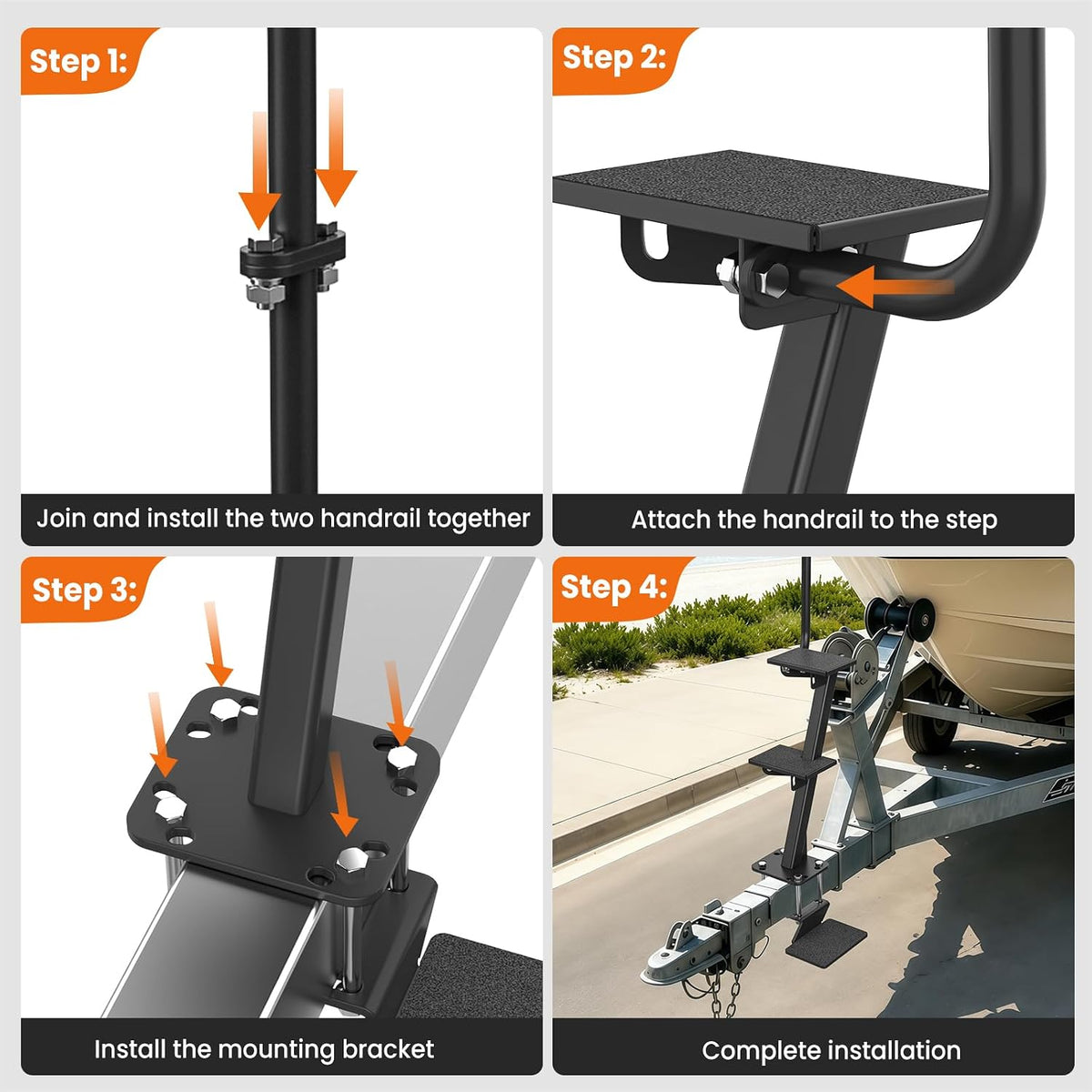 Heavy Duty Boat Trailer Steps, Fits 3"x3", 4"x4" & 3"x5", 880 lb Capacity Front-mounted Boat Trailer Steps 1