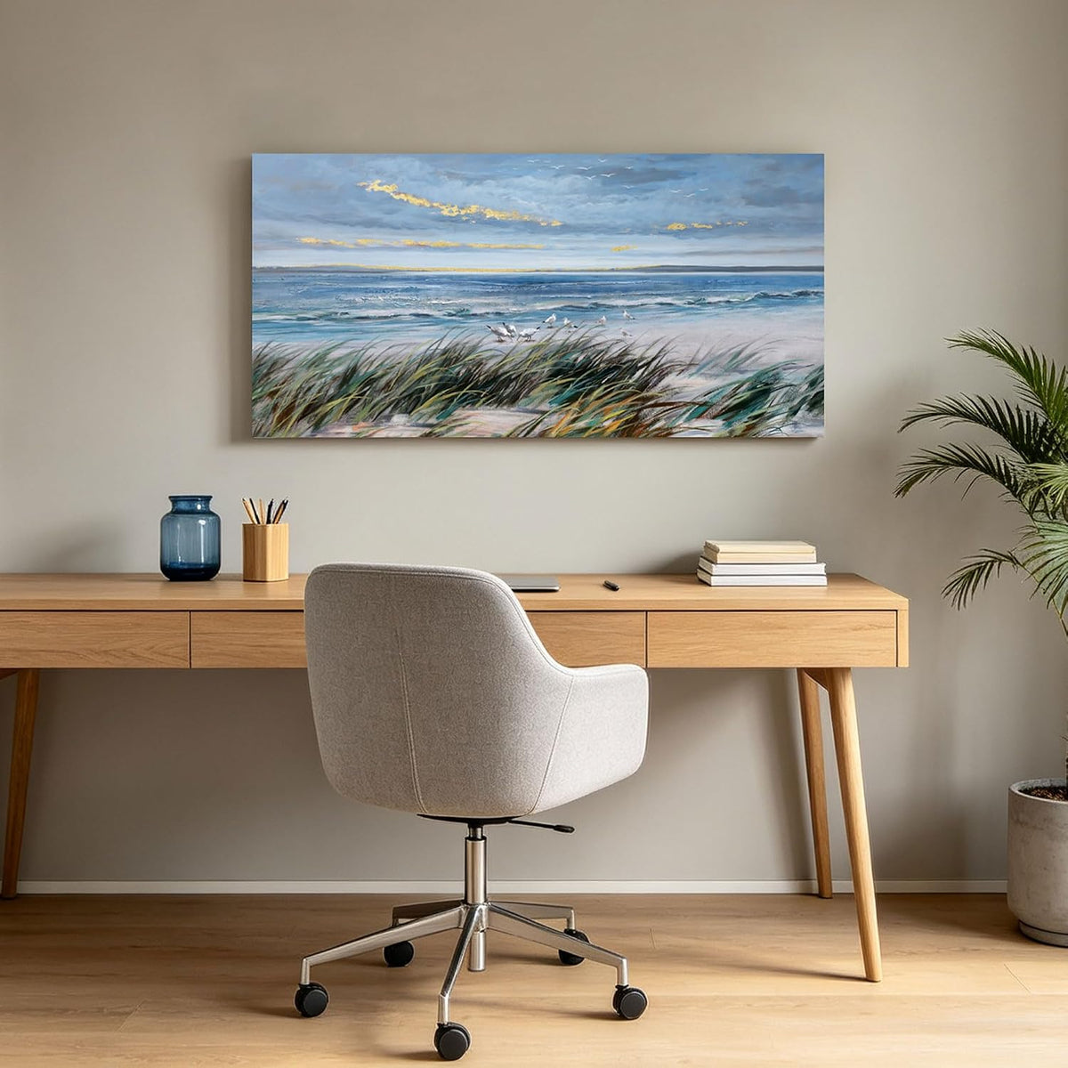 KLAKLA Coastal Wall Art Beach Picture Large Canvas for Living Room 48x24 IN Blue and Gold 48"L x 24"W